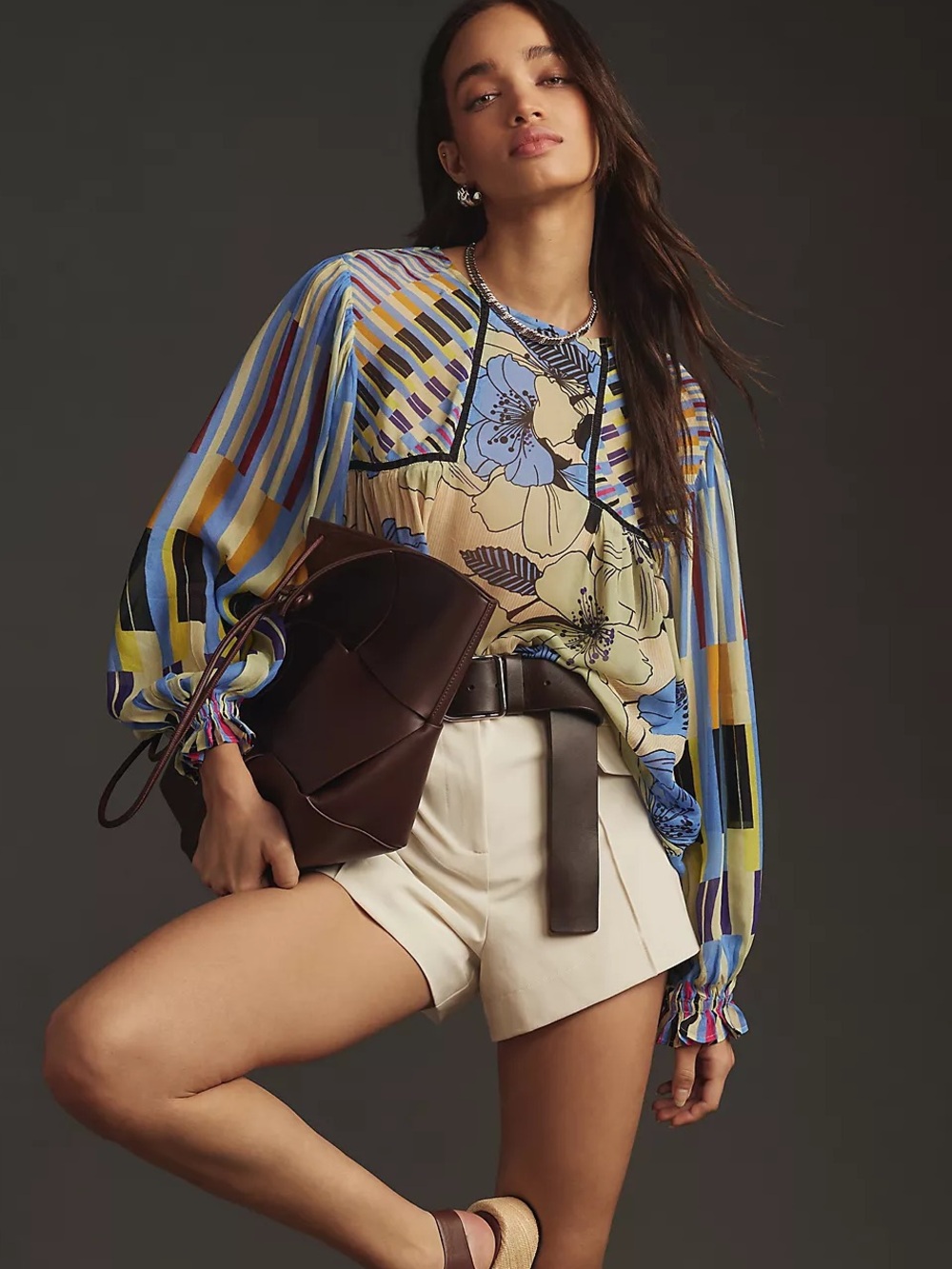 ANTHROPOLOGIE S Bl-nk Miranda Peasant Blouse • Mixed Floral Stripe Print Top